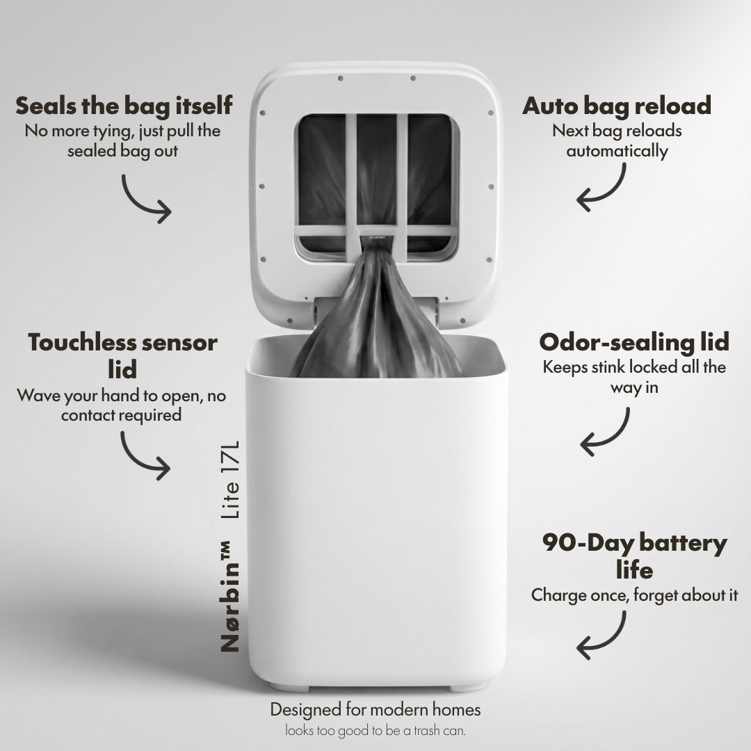 Nørbin™ Lite 17L: Auto-Seal & Bag Change Smart Trash Can Features Display