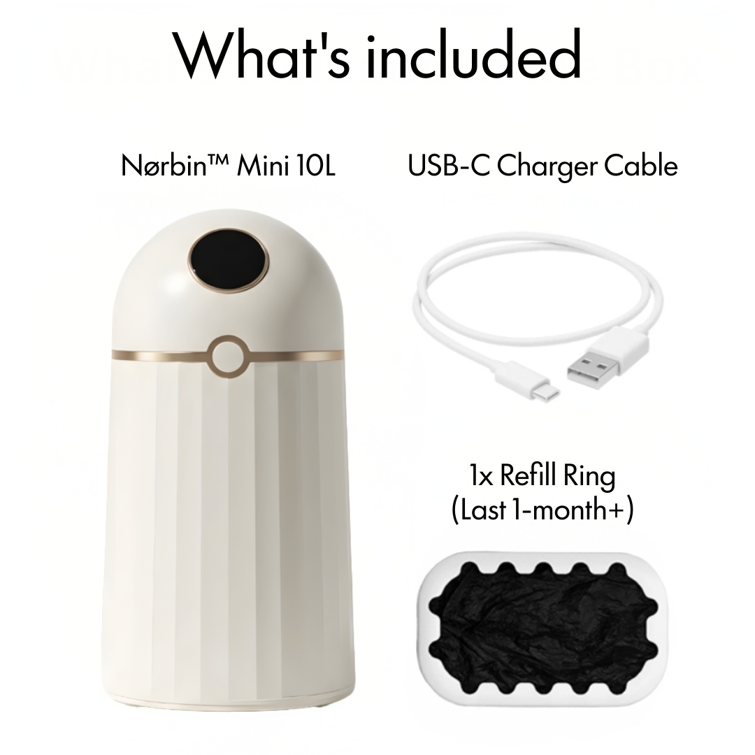 Nørbin Mini 10L smart trash bin package contents - includes unit, USB-C charger cable, and one-month refill ring