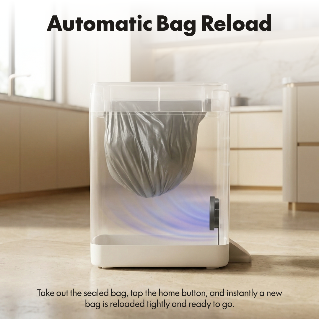 Nørbin NOIR automatic bag reload system - transparent view showing new bag deployment with vacuum fan