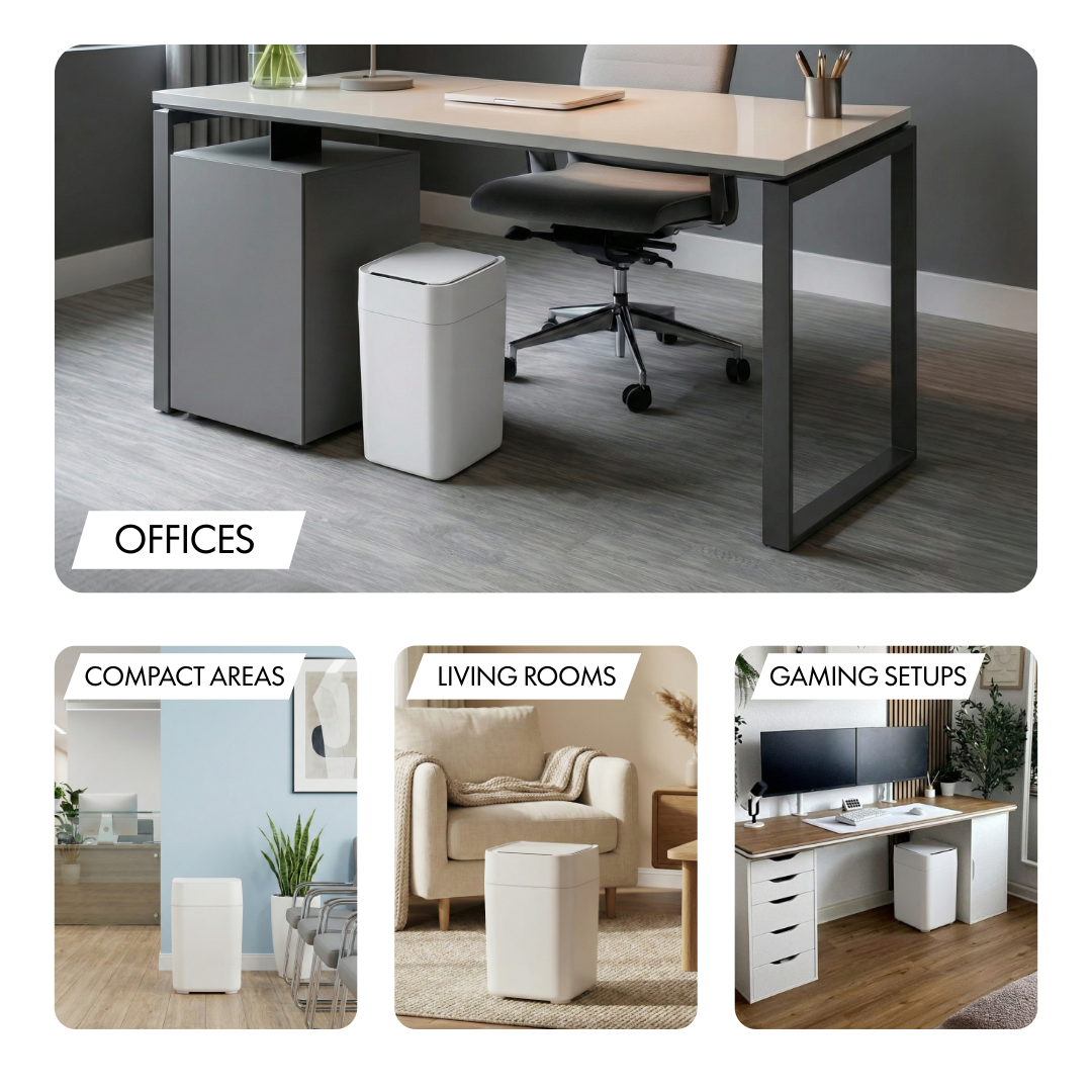 Nørbin NOIR smart trash bin in multiple room settings - office desk, compact apartment, living room, and gaming setup