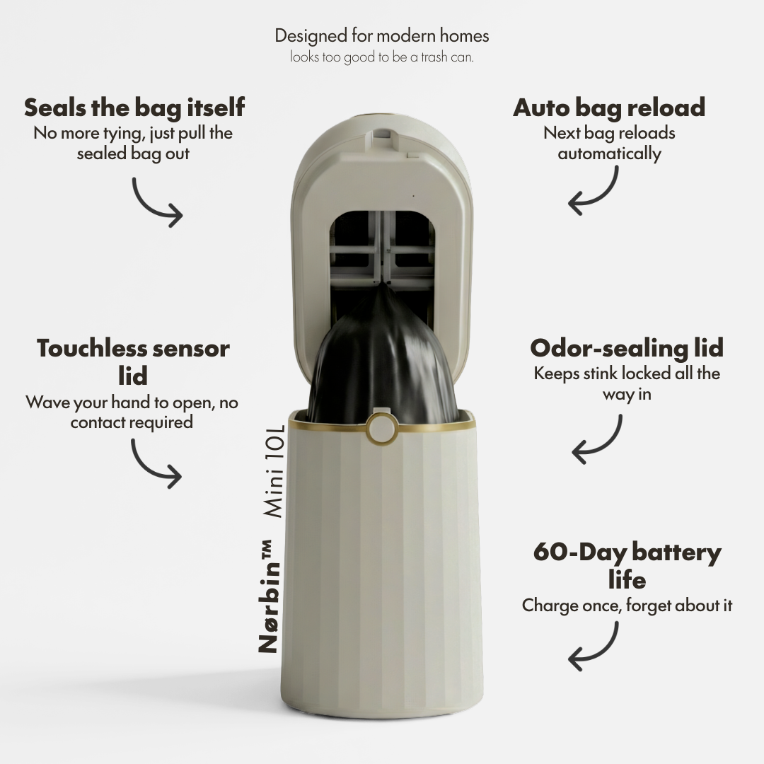 Nørbin Mini 10L smart trash bin features - touchless sensor, auto bag reload, odor-sealing lid, 60-day battery life