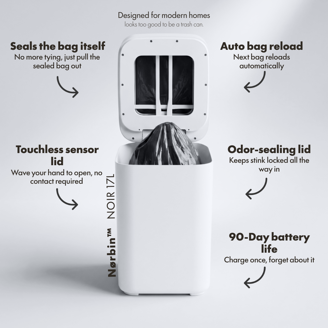 Nørbin NOIR 17L smart trash bin features - touchless sensor, auto bag reload, odor-sealing lid, 90-day battery life