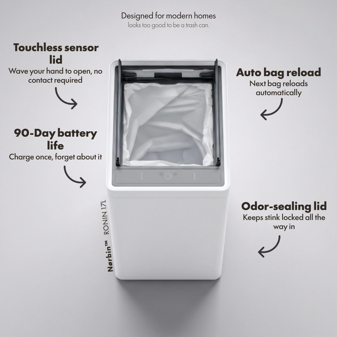 Nørbin NOIR 30L smart trash bin features - touchless sensor lid, auto bag reload, odor-sealing lid, 90-day battery life