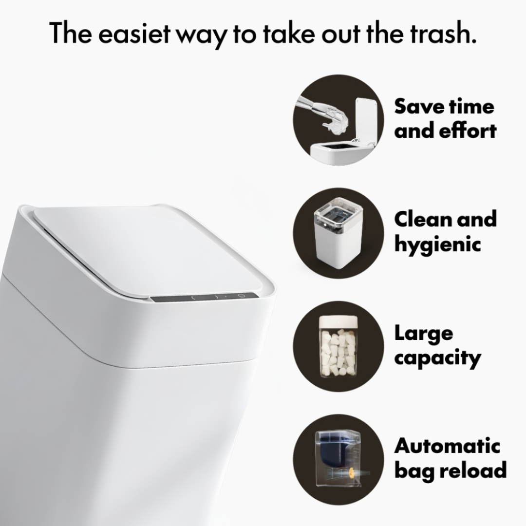 Nørbin NOIR smart trash bin key benefits - time-saving, hygienic design, large capacity, automatic bag reload system