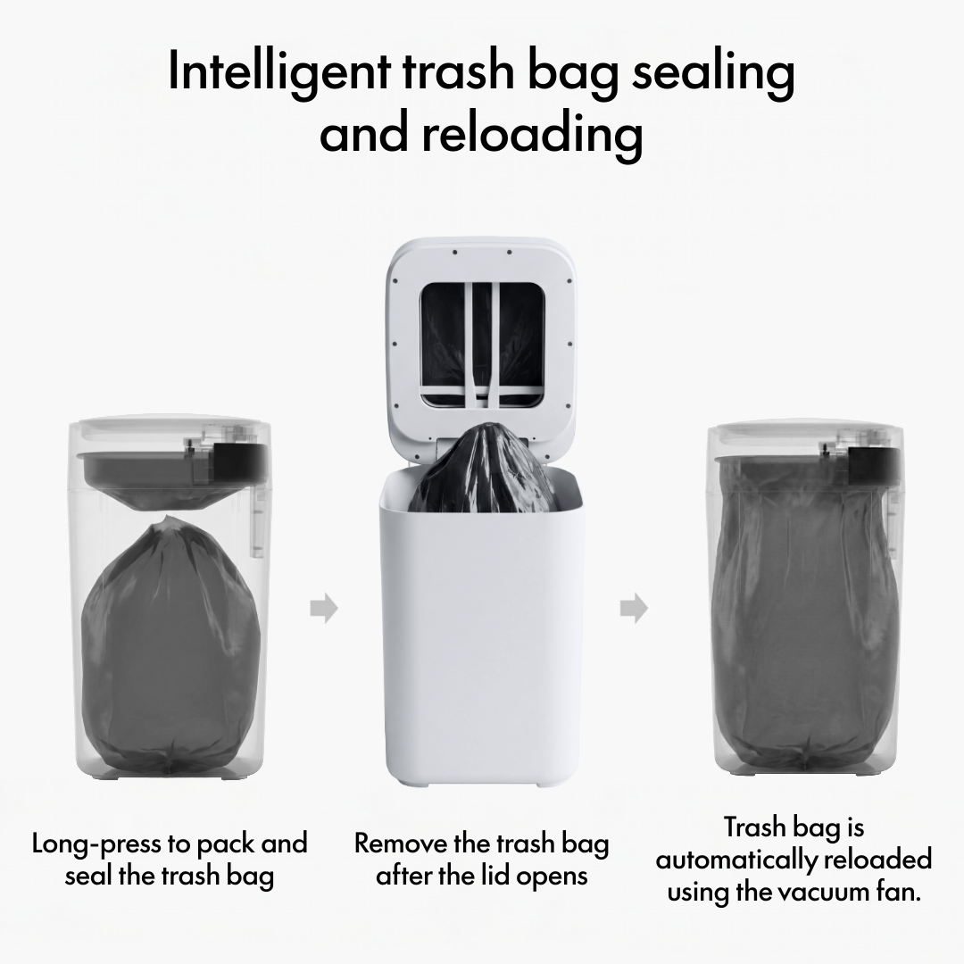 Nørbin NOIR intelligent trash bag sealing process - automatic bag compression, removal, and reload system demonstration