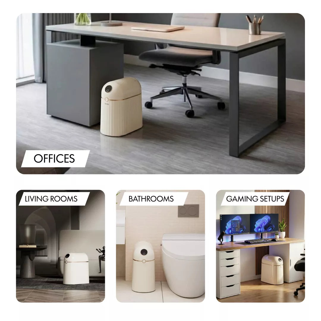 Nørbin Mini 10L smart trash bin in multiple room settings - office desk, living room, bathroom, and gaming setup