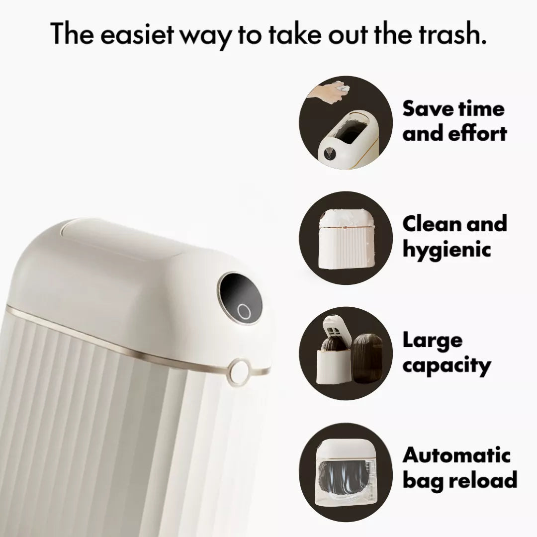Nørbin Mini 10L smart trash bin key benefits - time-saving, hygienic design, large capacity, automatic bag reload system