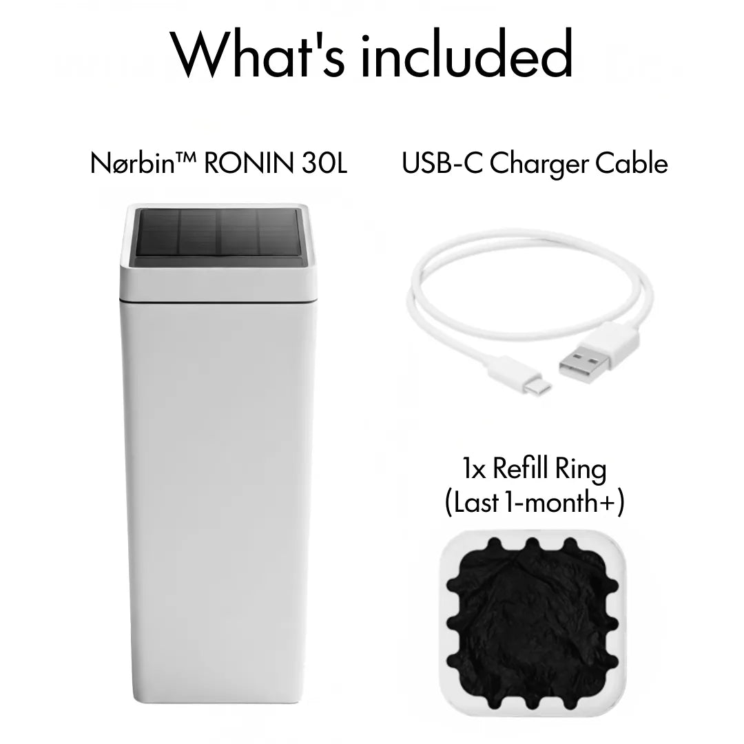 Nørbin RONIN 30L smart trash bin package contents - includes unit, USB-C charger cable, and one-month refill ring