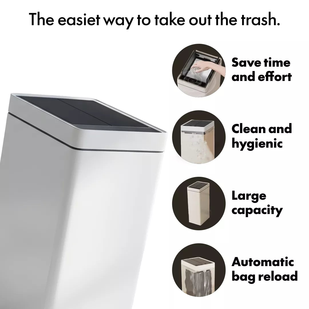 Nørbin RONIN 30L smart trash bin key benefits - time-saving, hygienic design, large capacity, automatic bag reload system