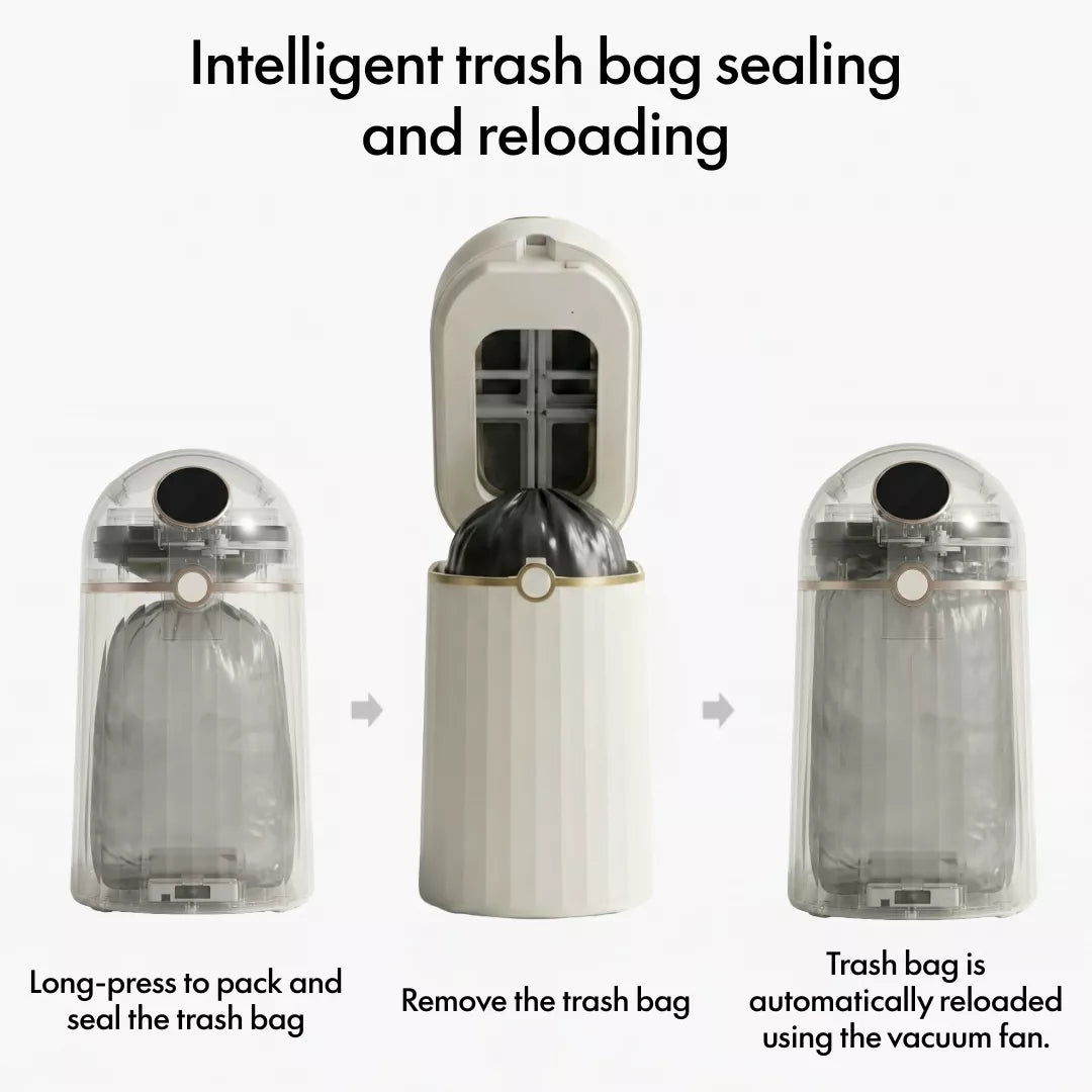 Nørbin Mini 10L intelligent trash bag sealing process - automatic bag compression, removal, and reload system demonstration